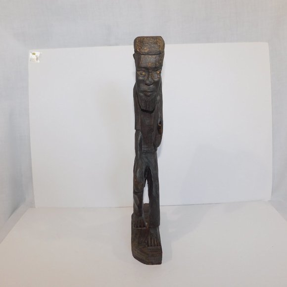 Vintage African Man Carrying Carp Fish On back Wooden hand Carved Sculpture 19" - Picture 3 of 8